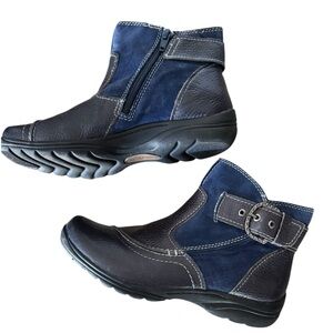 Earth Origins Navy Blue Leather Ankle Winter Flat Bootie Boots Women’s Size 6.5
